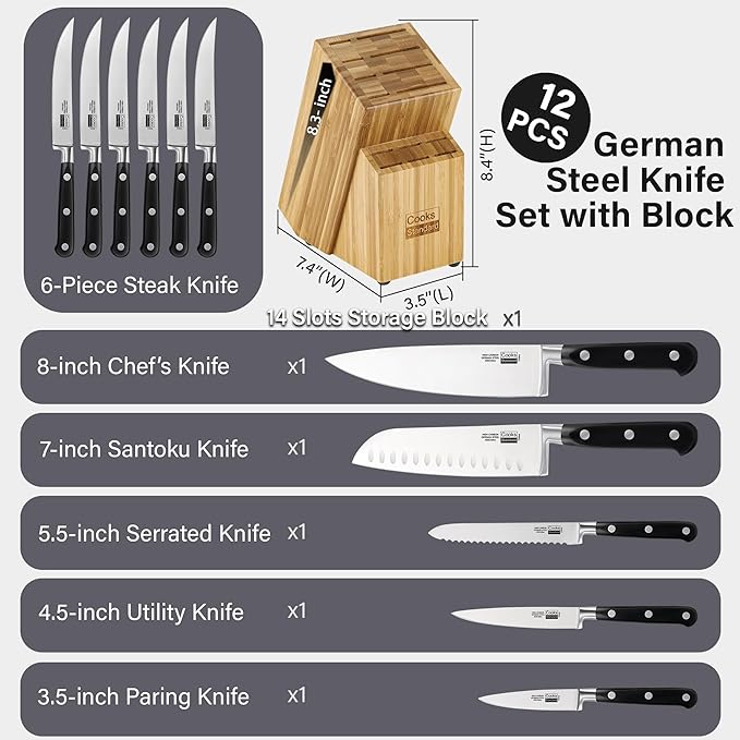 Cooks Standard Kitchen Knife Set with Block 12-Piece, Stainless Steel Forge High Carbon German Blade with Expandable Bamboo Storage Block for Extra Slots, Black