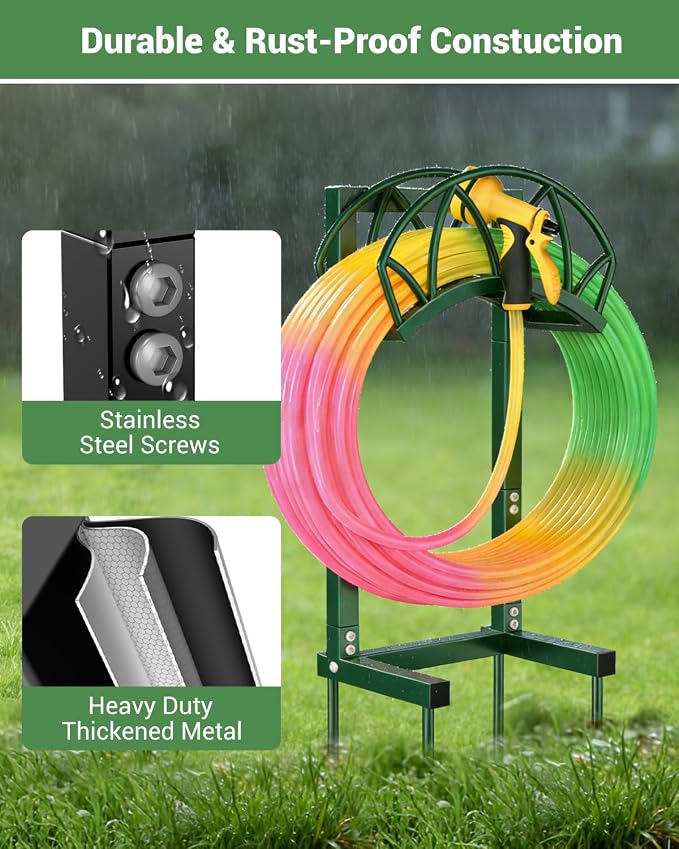 HZE Garden Hose Holder, Freestanding Water Hose Reel Stand for Outside, Heavy Duty Detachable Metal Storage Rack Holds 160 FT for Yard Lawn Farm, Green
