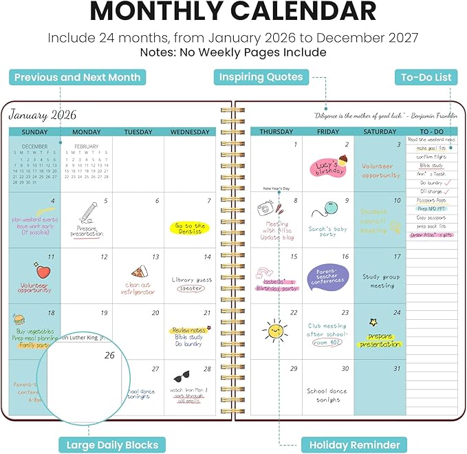 Monthly Planner 2026-2027, 2 Year Months Calendar Planner 2026-2027, Runs from January 2026 - Decembe 2027, 7" x 10", 24 Months, Perfect for School Office Home Planning - Burgundy