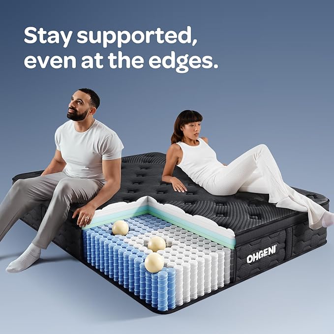 OhGeni 12 Inch Cooling Queen Size Mattress, Hybrid Gel-infused Memory Foam Bed Mattresses in a Box, Medium Feel Cool Top Fabric,Individual Pocket Spring, 3-Zone design & Reinforced Edge Support, Black