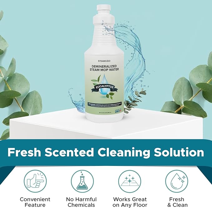 Steam & Go Demineralized Water for Steam Cleaner, PVC-Free Floor Cleaning Liquid Compatible With Any Steam Mop, Ready-to-Use Multisurface Cleaner, Scented, Eucalyptus Mint, 32 oz, Pack of 6