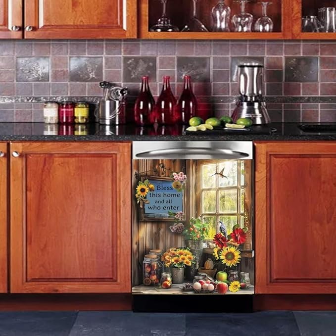 Pastoral Style Dishwasher Magnet Cover, Sunflower Birds Magnetic Dishwasher Door Decal Apples Floral Magnets Kitchen Decorative Sticker Refrigerator Magnets Decor Appliance Panel, 23x26 in