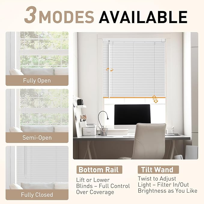 No Drill No Tool 1" Vinyl Mini Blinds, Light Filtering Horizontal Window Blinds