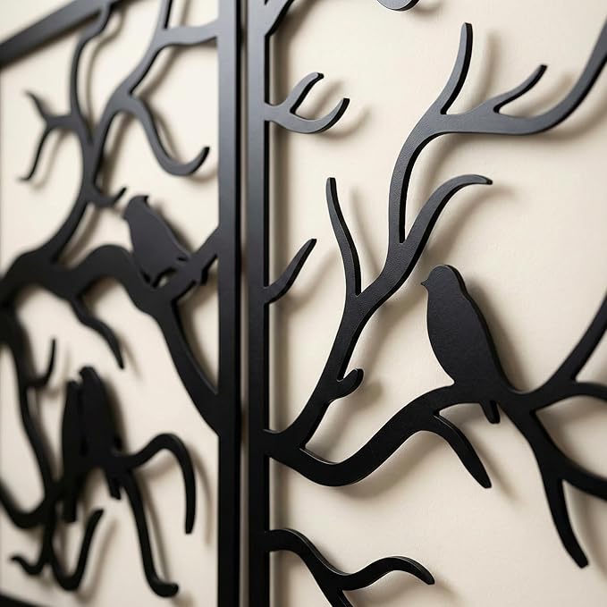 Metal Wall Art, Birds on Branch 3 Pieces, Tree Wall Art, Tree Sign, Wall Decor, Interior and Outdoor Decoration, 3 Panels Wall Hangings (40"W x 13"H / 102x33cm)