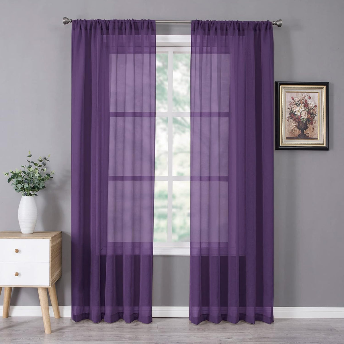 Tollpiz Sheer Curtain Linen Textured Living Room Curtains Sheer Light Filtering Rod Pocket Voile Curtain for Bedroom, 54 x 72 inches Long, Royal Purple, Set of 2 Panels
