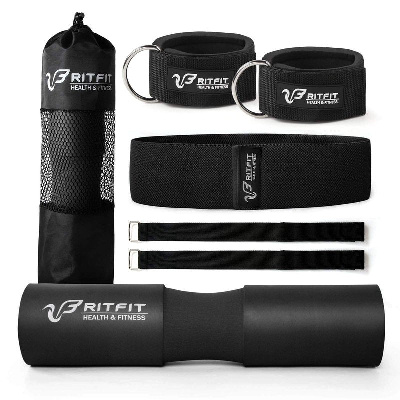 RitFit 7 Pcs Barbell Squat Pad Set, with Resistance Band, 2 Safety Straps, 2 Gym Ankle Straps & Carry Bag, Upgraded Neck & Shoulder Protective Pad Support for Squats, Lunges & Hip Thrust (Pink/Black)