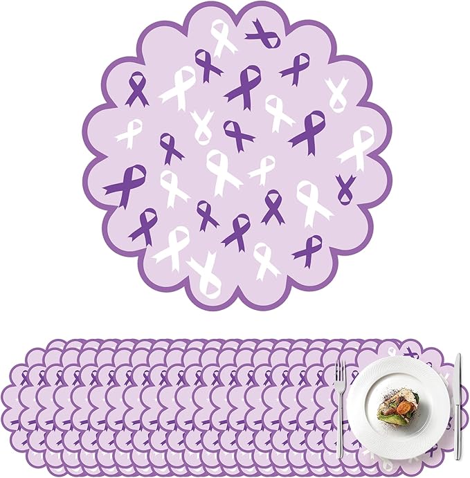 100 Pcs Domestic Violence Awareness Products 13.5" Scalloped Purple Ribbon Paper Placemats Disposable Alzheimer’s Pancreatic Cancer Awareness Products for Charity Public Social Event Party Supplies