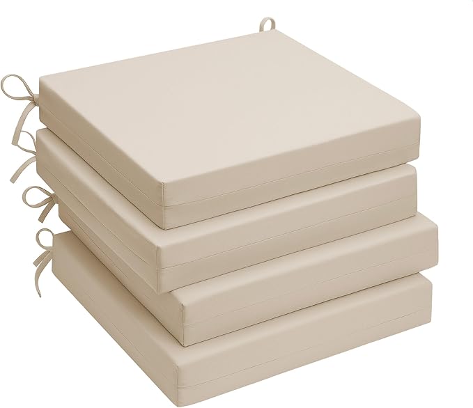 UNIKOME Outdoor Chair Cushions Pack of 4, Water Resistant Patio Cushions with Ties, High Density Sponge Filling Square Corner Seat Cushions for Outdoor Furniture, 19"*19"*3", Beige