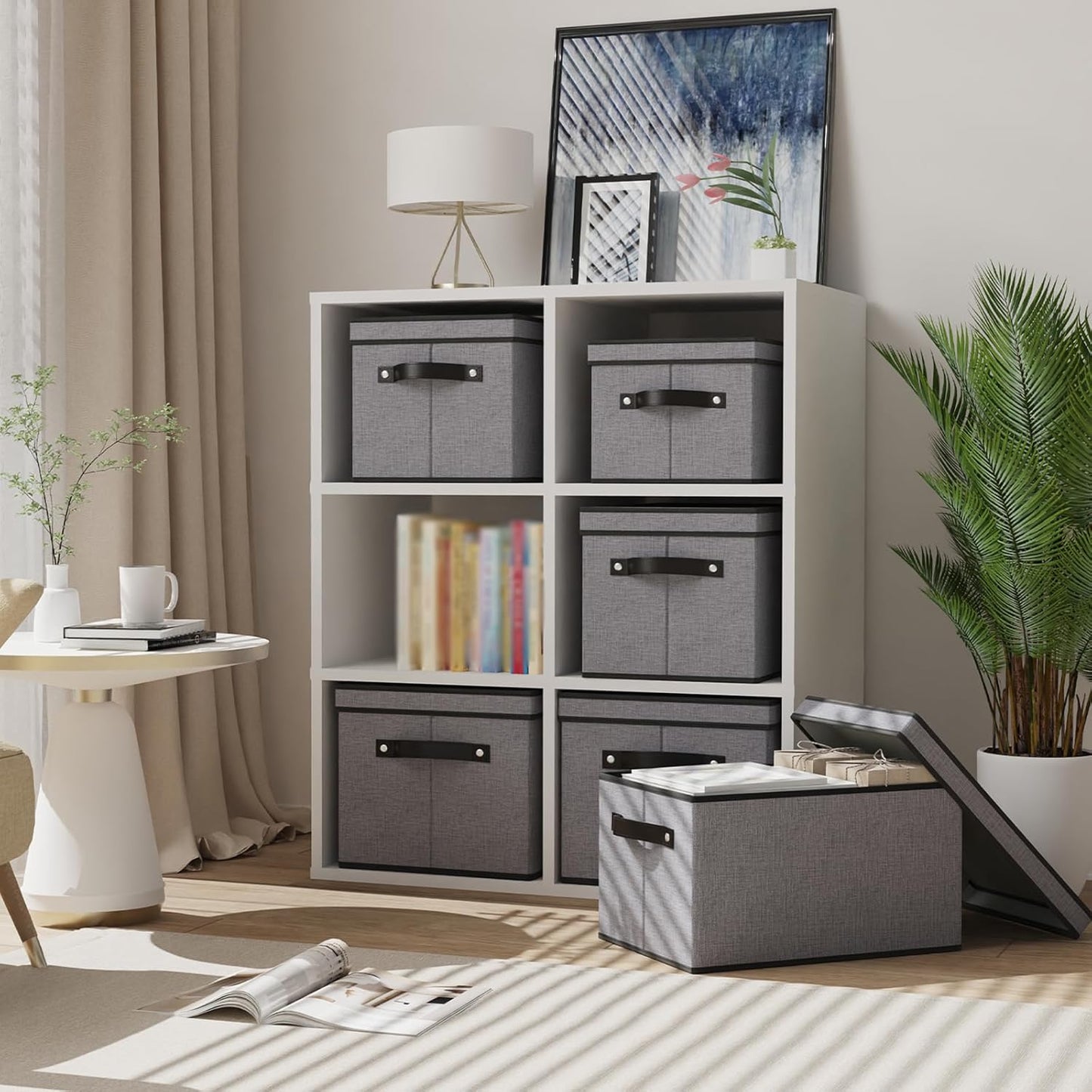 Fabric Storage Boxes, 7.1 x 9.1 x 13 Inch Baskets for Shelves with Lids, Wardrobe Organiser with Handles, Decorative Linen Closet Organizer Bins, Gray, 1 Pack