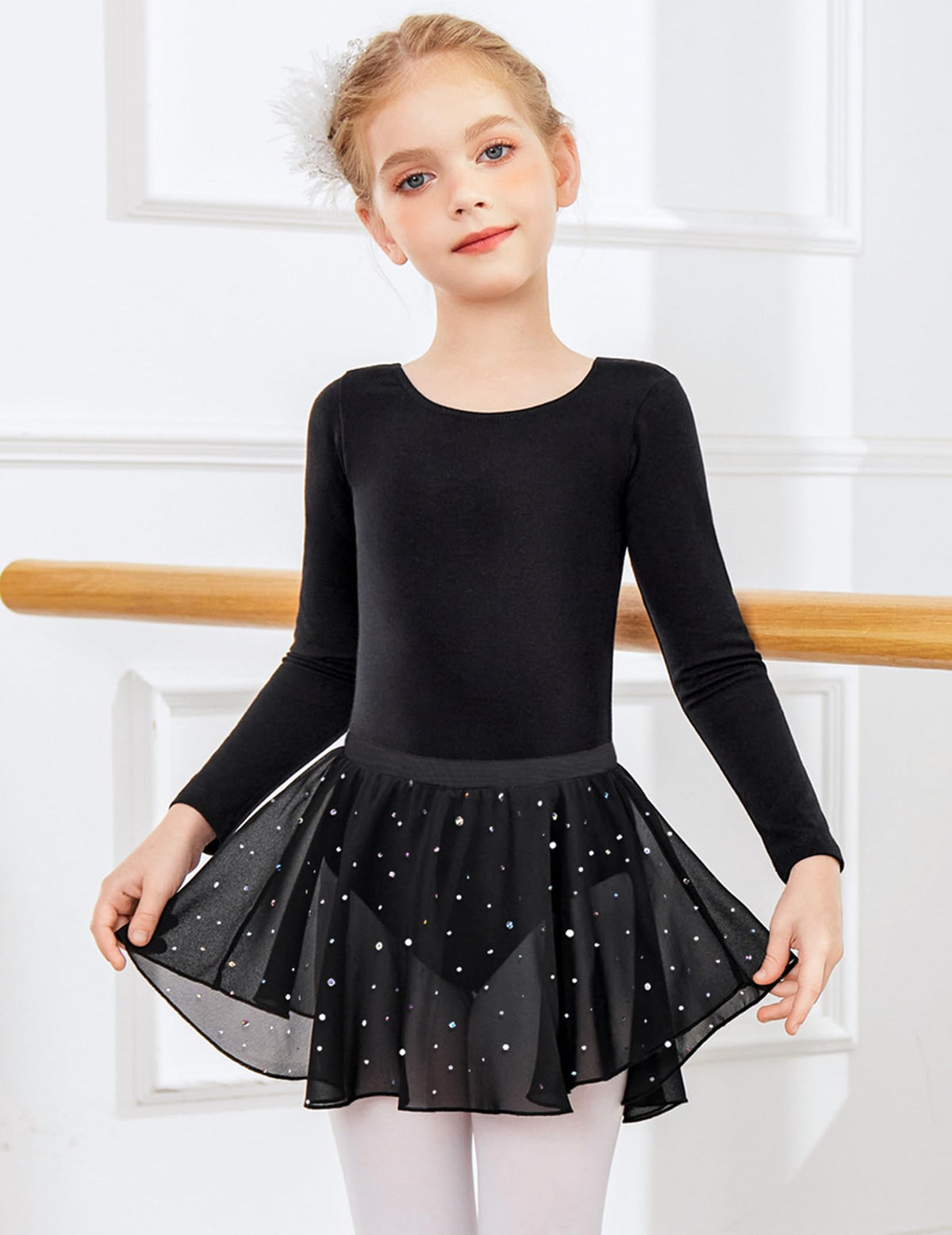 Zaclotre Girls Ballet Leotards Toddler Long Sleeve Crisscross Back Dance Dress Outfit with Removable Shiny Skirt Combo