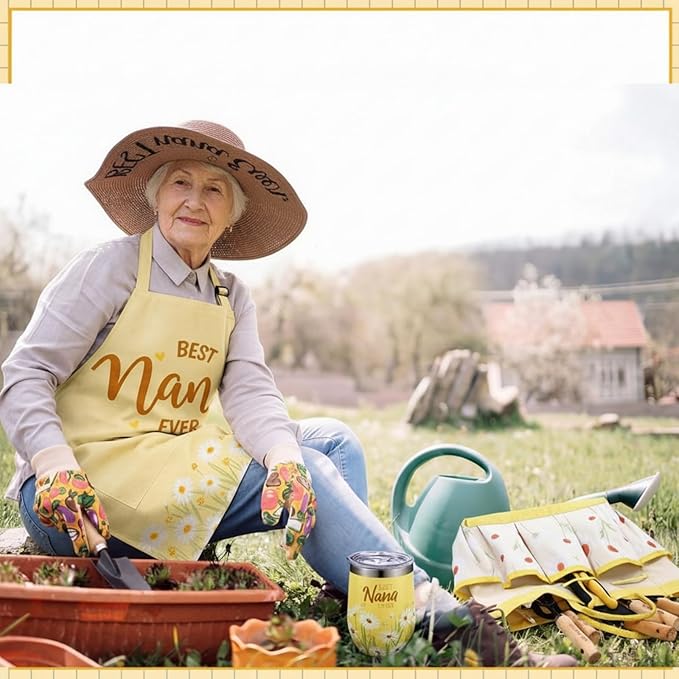 Lasnten 16 Pcs Mothers Day Garden Gift for Nana Women Dasiy Gardening Supplies Birthday Garden Tools Set from Daughters Gloves Apron Insulation Cup Fork Trowel Tote Bags for Plant Present