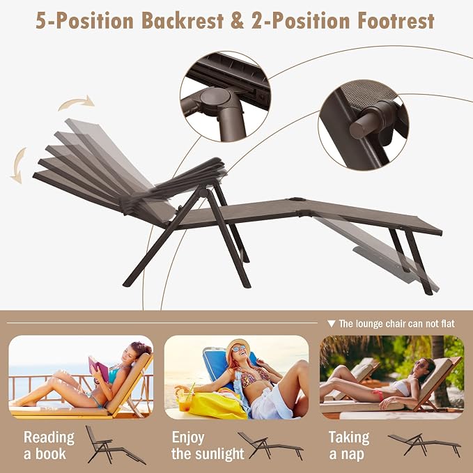 Tangkula Folding Lounge Chair Outdoor, Recliner Chaise Lounge with 5-Position Adjustable Backrest & 2-Position Footrest, No Assembly Required, Suitable for Patio Poolside Beach Yard (2, Brown)