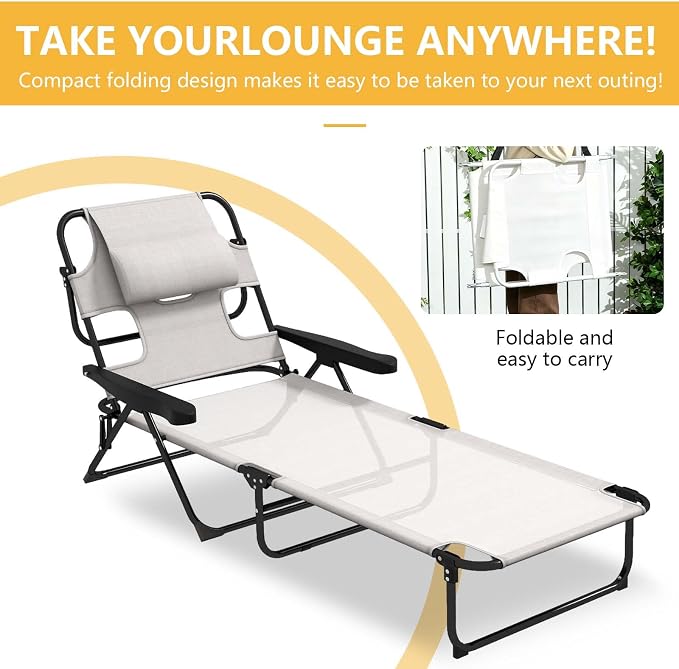 Sun Tanning Chair with Face Hole, Heavy Duty Adjustable 5-Position Folding Laying Out Chairs for Tanning, Beach Lounge Chairs for Adults for Outdoor Sunbathing Patio Pool Lawn (Cream White)