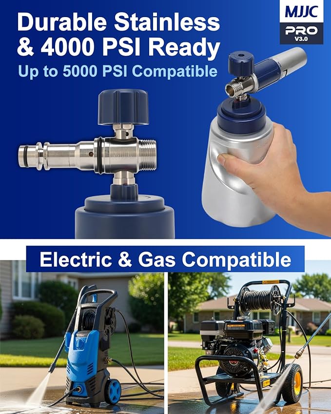 MJJC PRO V3.0 Ultimate Foam Cannon for Pressure Washers – Professional Car Wash Accessory Kit with Thick Foam, Stainless Steel, 44 fl oz Bottle (Pro V3.0 (1/4" Quick Connector) + SOAP Sample)