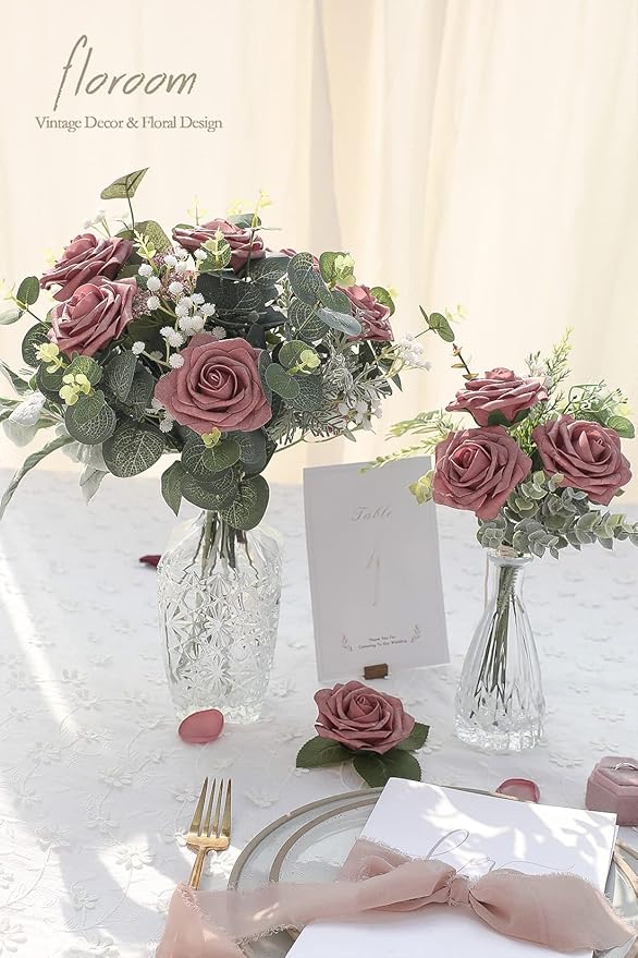 Floroom Artificial Flowers 50pcs Real Looking Dusty Rose Foam Fake Roses with Stems for DIY Wedding Bouquets Bridal Shower Centerpieces Floral Arrangements Party Tables Home Decorations