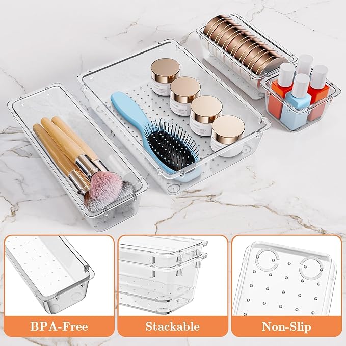 25 PCS Plastic Drawer Organizer Set, 4-Size Versatile Organizer Trays & storage Bins for Makeup, Jewelry, and Gadgets in Bathroom, Bedroom and Office,Clear White