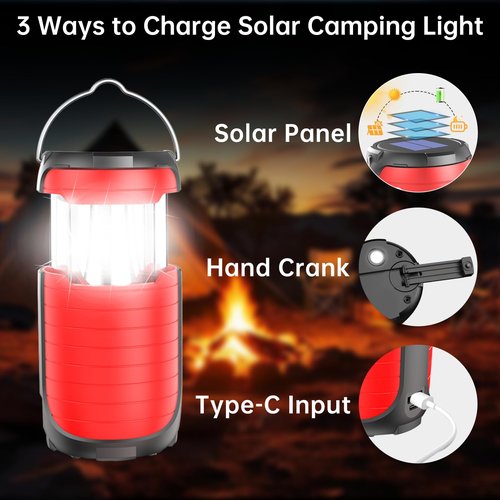 5000 Large Capacity Solar Hand Crank Flashlight with 8H Play Time, Survival Light, USB Charger for Cellphone, Portable Solar Camping Light,Electric LED Camping Lantern for Emergency (red)