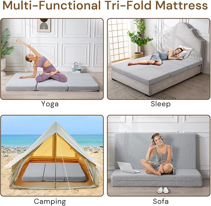 Foldable Mattress, 4 Inch Memory Foam Guest Floor Mat, Tri Folding Portable Mattress for Kids and Adults, Washable Cover, Non-Slip Design, Twin Grey (Size: 38" L x 74" W x 4" Th)