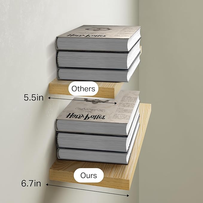 BAYKA Floating Shelves for Wall, Wall Mounted Rustic Wood Shelves for Bathroom, Bedroom, Living Room, Kitchen,Small Hanging Shelf for Books/Storage/Room Decor (Light Oak-Toned, Set of 3, 15.7in)