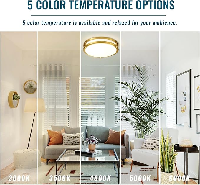 Gold Ceiling Light Fixture 24W, 12 inch LED Flush Mount Ceiling Light for Bedroom, Kitchen, Bathroom, Dimmable Close to Ceiling Light Fixture for Hallway 5CCT…