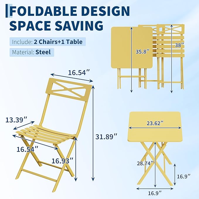 Outdoor Square Bistro Set 3 Piece, Yellow Iron Tube Patio Furniture Set with Square Table & 2 Chairs, Foldable Steel Backyard Deck Porch Garden , Space Saving Outdoor Dining Set for Small Spaces