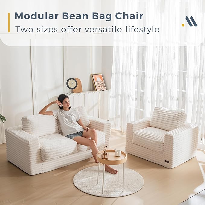 MAXYOYO Bean Bag Chair for Adults, Upholstered Loveseat Floor Sofa with Pillows and Armrests, Large Bean Bag Sofa Plush Couch for Bedroom Living Room, Beige