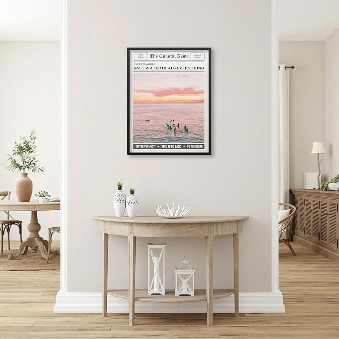 Pink Beach Newspaper Posters Vintage Fashion Coastal Girl Surf Wall Art 08x10