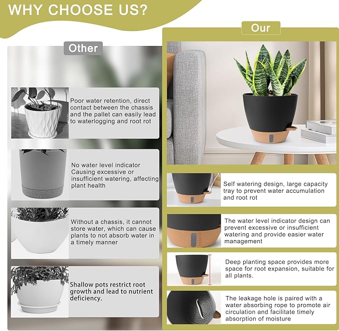 Self Watering Pots for Indoor Plants 12/10/9/8 Inch Large Plastic Self Watering Flower Pots Indoor Outdoor with Drainage Holes, Deep Reservoir,Nursery Planting Pot for Indoor Outdoor Plants Black