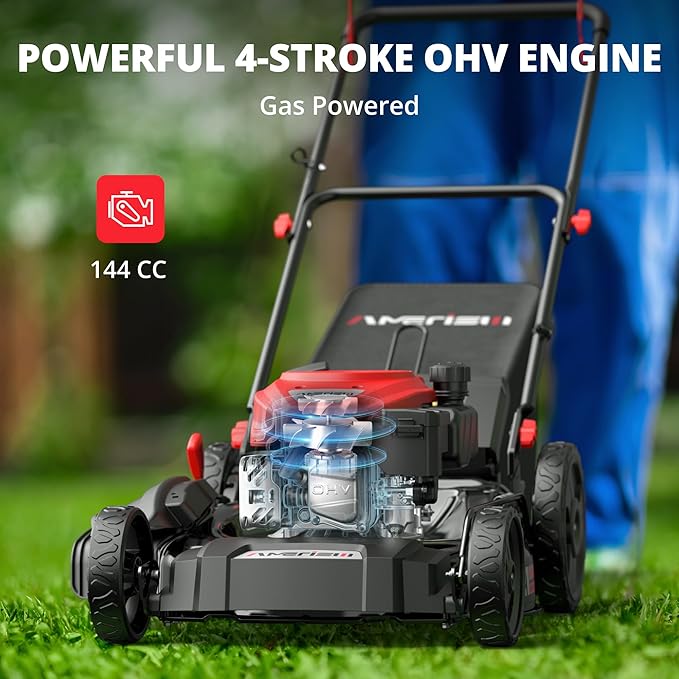 AMERISUN 21-Inch 3-in-1 Gas Push Lawn Mower with 144cc 4-Stroke OHV Engine, 6-Position Adjustable Cutting Height, Large 1.4 Bushel Grass Catcher, Side Discharge & Mulching, Lightweight Easy Storage