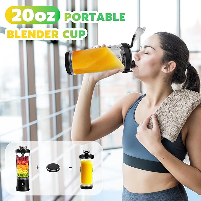 Portable Blender Personal Juicer for Shakes and Smoothies - 20 OZ Electric Protein Shaker Bottle with 6 Blades, Travel Lid, USB-C Rechargeable - Mini Small Blender Cup for Kitchen, Office, Gym