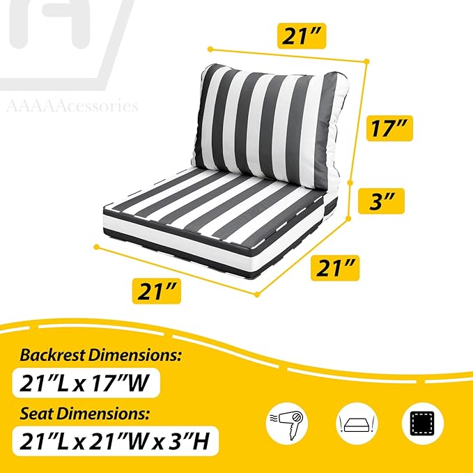 AAAAAcessories Outdoor Seat Cushions for Chairs, Fade-Resistant, Waterproof Patio Furniture Replacement Cushions, 21" x 21" x 3" + 21" x 17", Gray Cabana Stripe