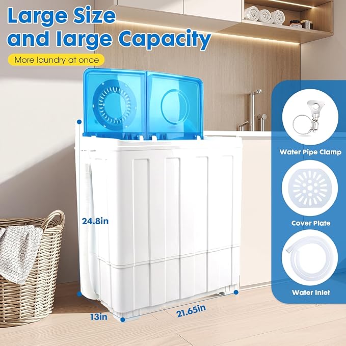 Portable Washing Machine Twin Tub - 14lbs Compact Washer (9,5lbs) and Spinner Dryer (4.5lbs) Combo with Drain Pump - Semi Automatic Washing Machine for Apartments, Dorms, RVs, Camping - Blue