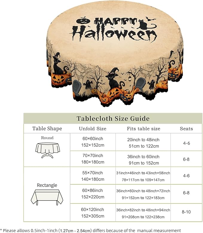 Eikione Round Tablecloth 60inch, Tablecloth Pumpkin Bat Waterproof and Wrinkle-Free, Table Covers, Summer Decorations for Home Dining
