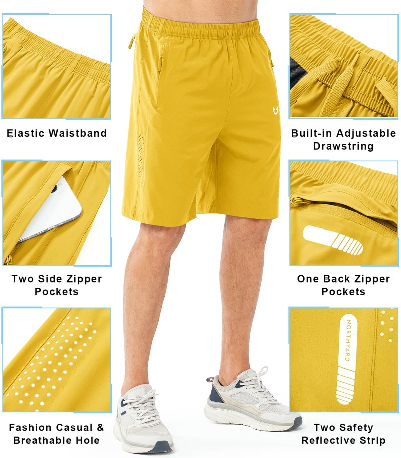 NORTHYARD Men's Athletic Running Shorts Gym Workout 7"/9"/5" Quick Dry Lightweight Sports Basketball Tennis 3 Zipper Pockets YELLOW-9inch 2XL