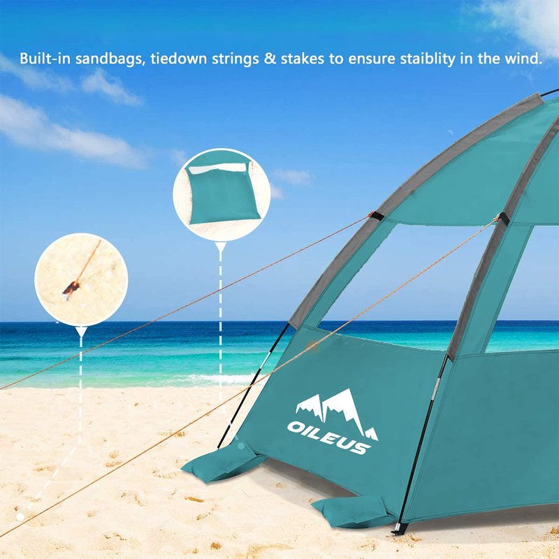 Oileus Beach Tent 2-3 Person Portable Sun Shade Shelter UV Protection, Extended Floor Ventilating Mesh Roll Up Windows Carrying Bag Stakes 6 Sand Pockets Fishing Hiking Camping, Light Green