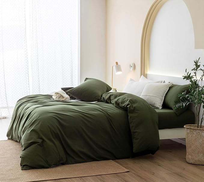 JIYUAN 100% Washed Cotton Duvet Cover Set 3 Pieces Alaska King, 1 Duvet Cover 132x120 Inches(Comforter Not Included) and 2 Pillowcases,Linen Feel Bedding Set Comfy and Breathable,Olive Green