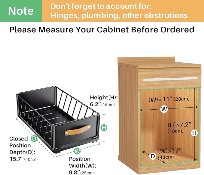 Pull out Cabinet Organizer Fixed with Adhesive Nano Film,Heavy Duty Slide out Pantry Shelves Drawer Storage,Sliding Mesh Cabinet Basket with Handle for Kitchen, Bathroom,Home, 9.8"WX 15.7"D X 6.2"H