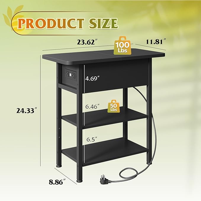 WLIVE End Table with Charging Station, Flip Top Narrow Side Table with Storage Shelf, Small Nightstand with USB Ports and Outlets,Bedside Table for Living Room, Bedroom,11.8" D x 23.6" W x 24.3" H