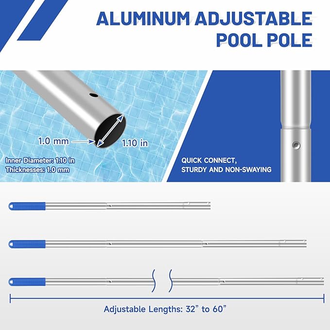 Pool Cleaning Kit, 16'' Pool Brush Head & Pool Skimmer Net with 60" Pole, Pool Net Skimmer & Pool Brush with Pole, Pool Net & Pool Brushes for Cleaning Pool Walls with Pole
