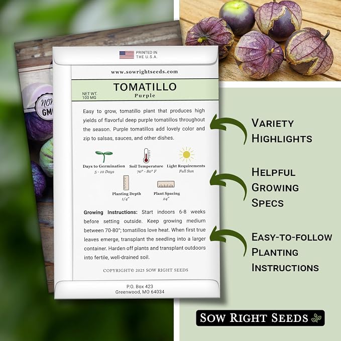Sow Right Seeds - Purple Tomatillo Seeds for Planting - Non-GMO Heirloom Packet with Instructions to Plant an Outdoor Home Vegetable Garden - Mexican Husk Tomato - Ground Cherries Great for Salsa (2)
