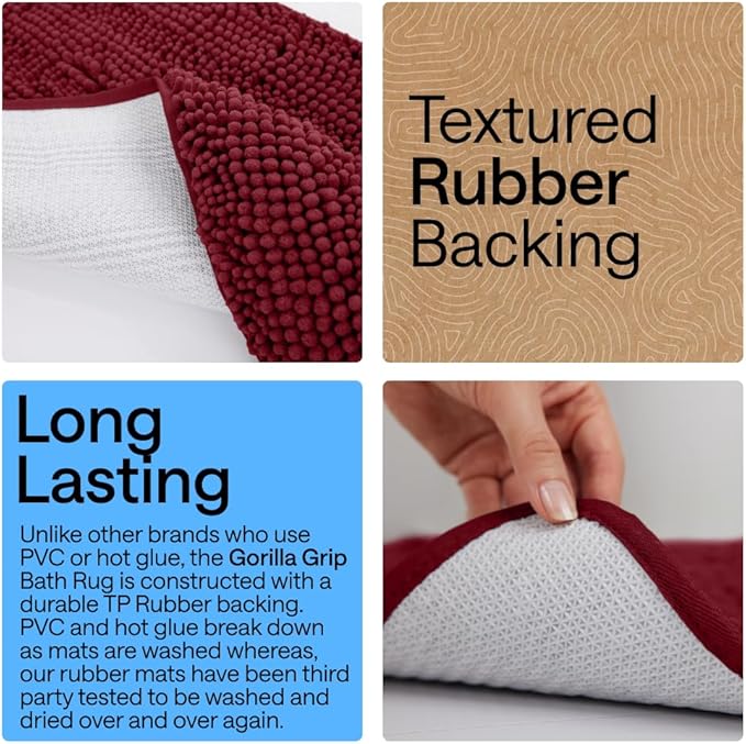 GORILLA GRIP Plush Absorbent Shaggy Chenille Bath Rug Mat for Square Toilet Base with Rubber Backing, Machine Washable Rugs, Soft Microfiber Contour Mats for Toilets, Bathroom Decor, Burgundy