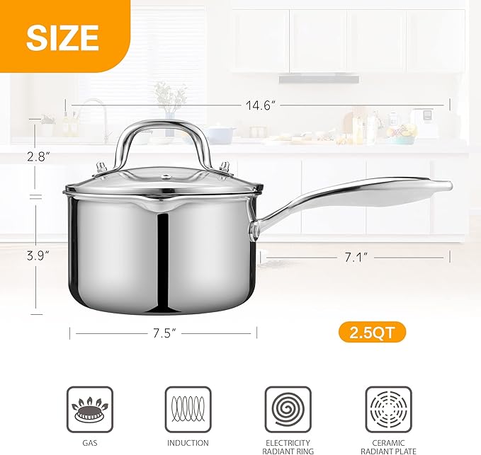 Cyrosa 2.5 Quart Saucepan with Strainer Lid, Stainless Steel Sauce Pot, Sauce Pan for Stove Top, Two Side Spouts for Easy Pour, Dishwasher Safe