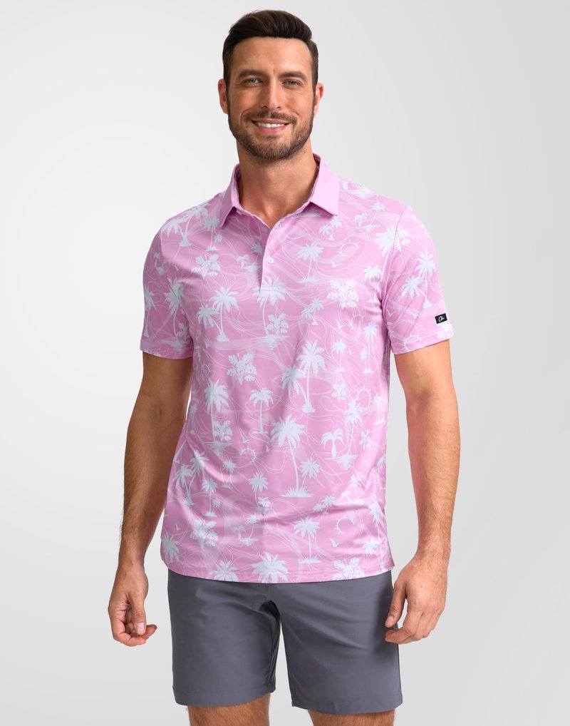 Obla Mens Golf Polo Shirts Short Sleeve Dry Fit Casual Print Collared Golf Shirts Wicking for Men(Pink Coconut Beach_XXL)