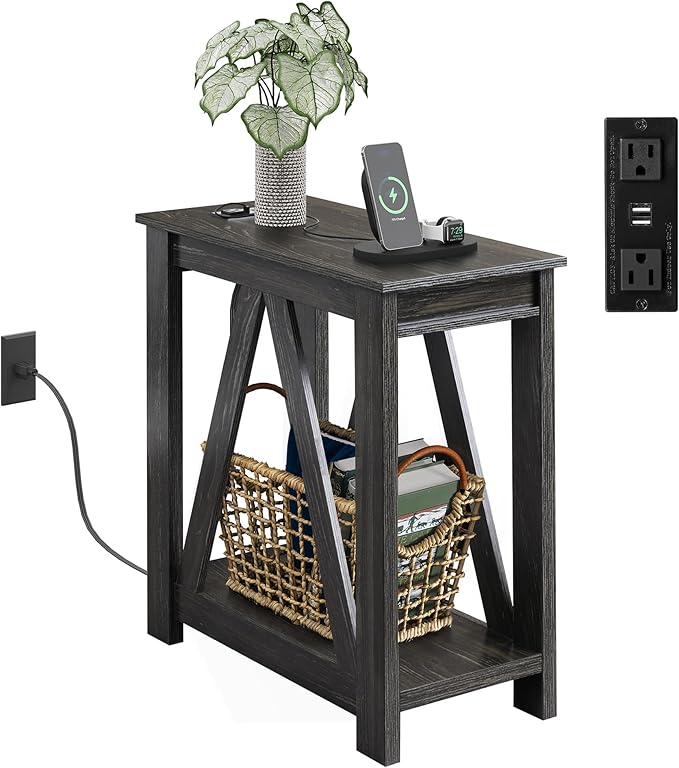WLIVE Narrow Black End Table with Charging Station of Open Storage Shelf, Sofa Side Table with 2 USB Ports and 2 Power Outlets, Slim Farmhouse End Table for Small Spaces, 11.8" D x 23.6" W x 23.74" H