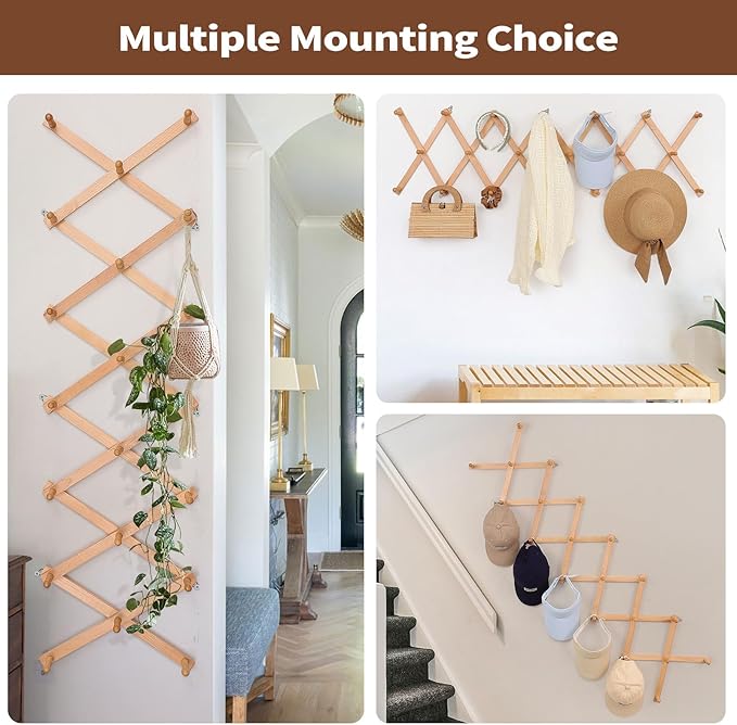 SCUNDA Wall Rack with 20 Hooks, Wooden Wall Expandable Coat Rack