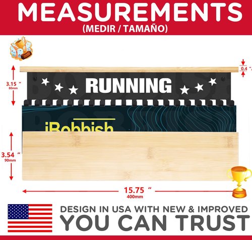 iBobbish Premium Trophy Shelf - Sturdy 16-Inch Metal Display with Hooks for Medals | Large Bamboo Design