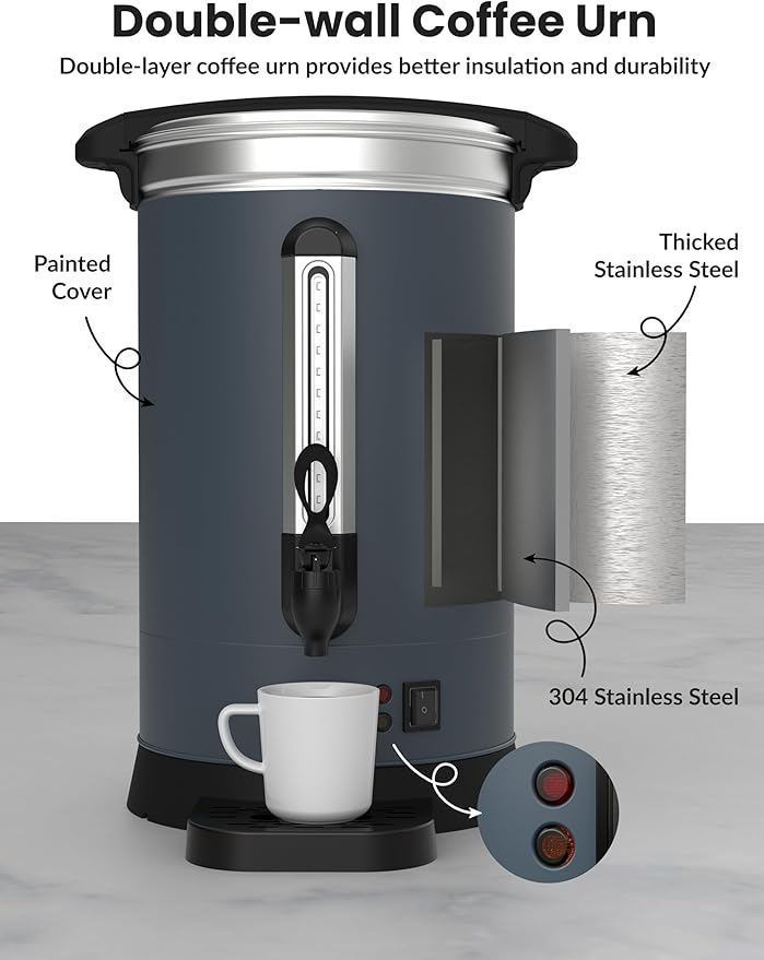 90 Cups Coffee Urn,14L Gallon Double Wall Commerical Coffee Maker for Buffet Catering Wedding Gathering,Large Capacity Hot Coffee Dispenser,Stainless Steel Hot Water Urn