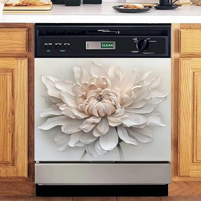 White Flower Reusable Dishwasher Cover, 23' x 17' Decal for Front Panel, Magnet Cover, Appliance Wrap Skin