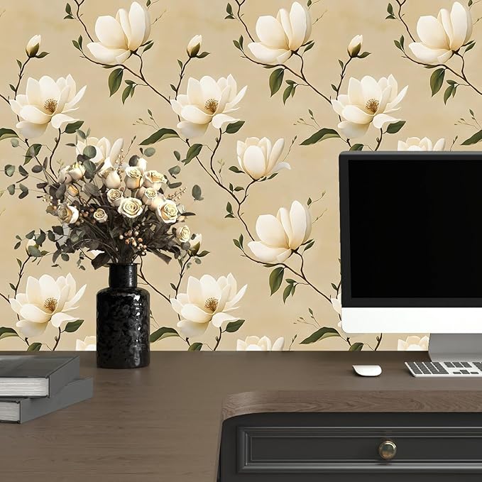 Floral Peel and Stick Wallpaper Vintage Khaki Contact Paper 17.5''x393'' Vinyl