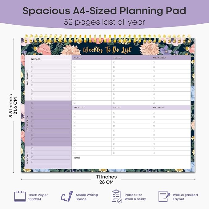 Taja Weekly To Do List Notepad with 52 Undated Sheets（8.5"×11"）- Weekly Desk Planner for Women & Man, Work and Home - 1 Pack Lavender Dream